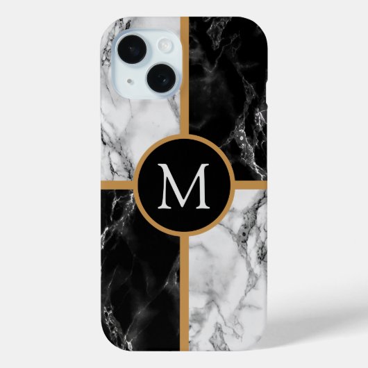 Monogram Letter Schwarz-weiß Marble iPhone Case (Rückseite)