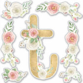 Monogram Letter T Pink Rose Floral Leaf Aquarell Aufkleber (Vorderseite)