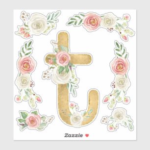 Monogram Letter T Pink Rose Floral Leaf Aquarell Aufkleber