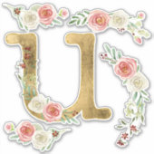 Monogram Letter U Pink Rose Floral Leaaf Wasserfar Aufkleber (Vorderseite)