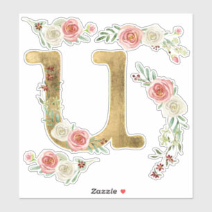 Monogram Letter U Pink Rose Floral Leaaf Wasserfar Aufkleber