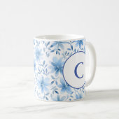 Monogram Letter Watercolor Spring Blue Flowers Kaffeetasse (VorderseiteRechts)