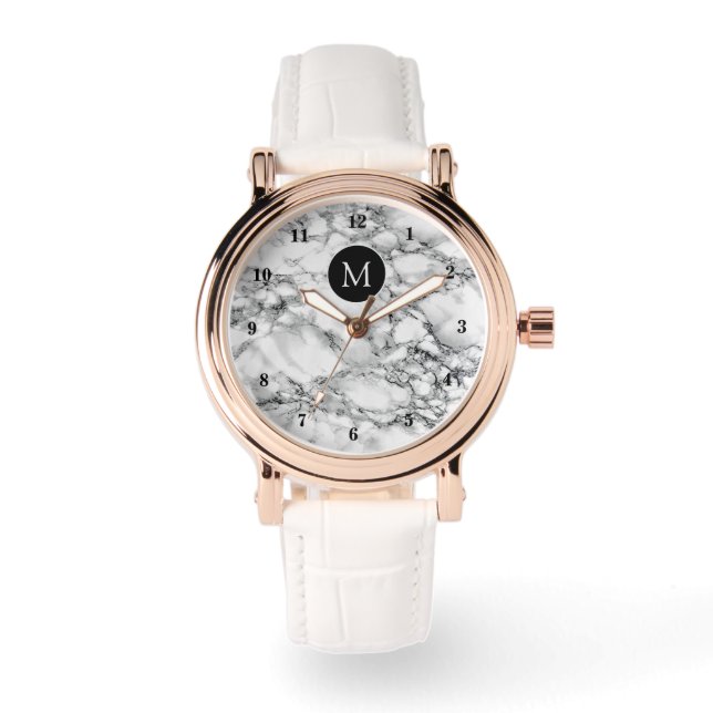 Monogram Letter White Marble Stone Watch Armbanduhr (Vorderseite)