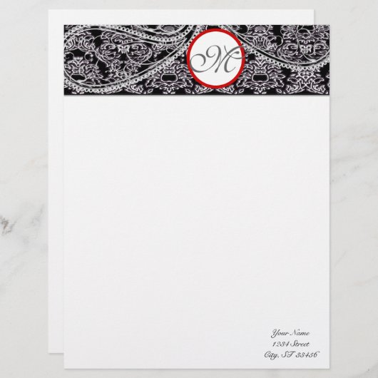 Monogram Letterhead Black und Gray Paisley Briefkopf (Vorne/Hinten)