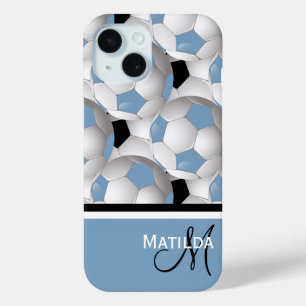 Monogram Light Blue Black Soccer Ball Pattern iPhone 15 Hülle