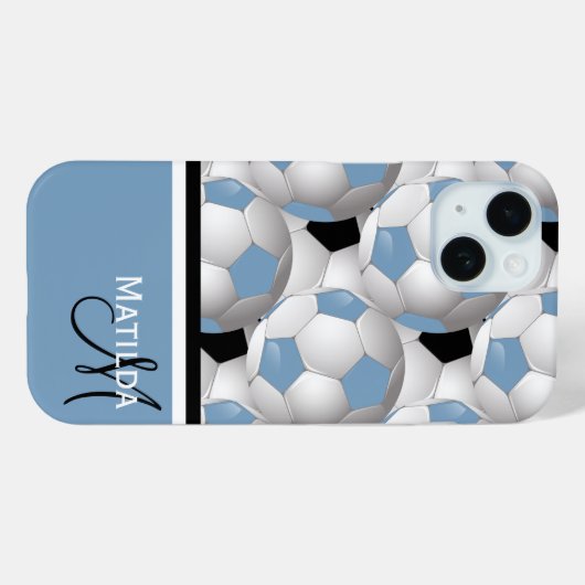 Monogram Light Blue Black Soccer Ball Pattern Case-Mate iPhone Hülle (Rückseite (Horizontal))