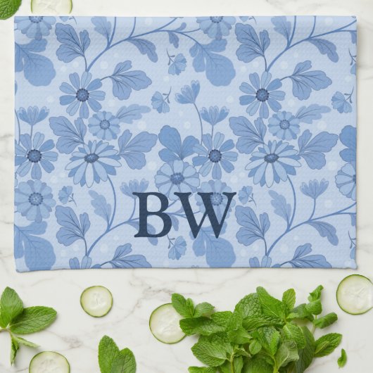 Monogram Light Blue und Navy Floral Pattern Geschirrtuch (Gefaltet)
