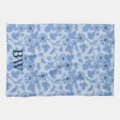 Monogram Light Blue und Navy Floral Pattern Geschirrtuch (Horizontal)