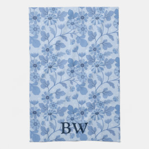 Monogram Light Blue und Navy Floral Pattern Geschirrtuch
