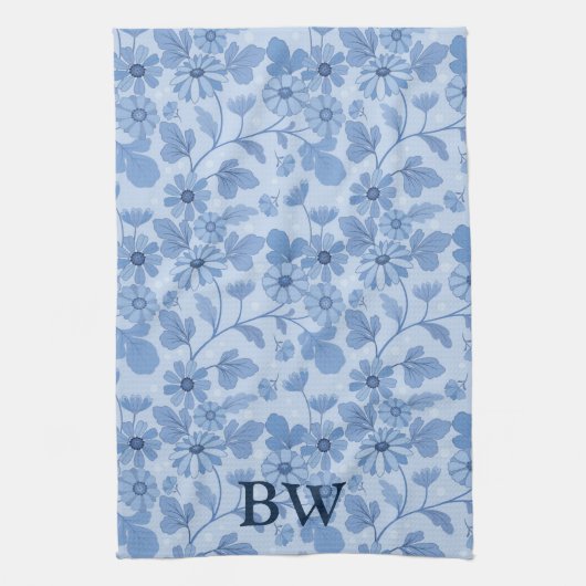 Monogram Light Blue und Navy Floral Pattern Geschirrtuch (Vertikal)