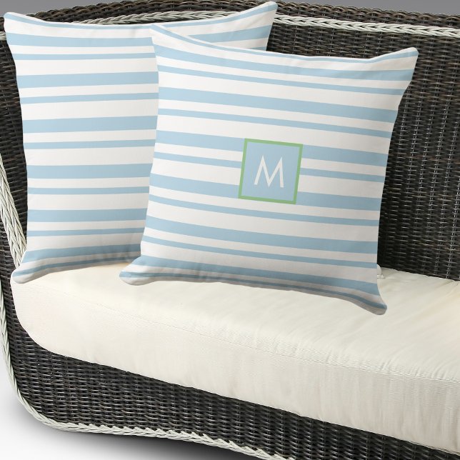 Monogram Light Blue und White Stripes Beach House Kissen (Von Creator hochgeladen)