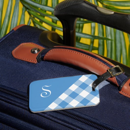 Monogram Light Blue White Buffalo Karo Geometric Gepäckanhänger (Vorderseite Insitu 3)