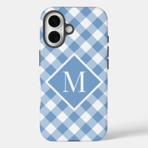 Monogram Light Blue White Gingham Karo iPhone 16 Hülle