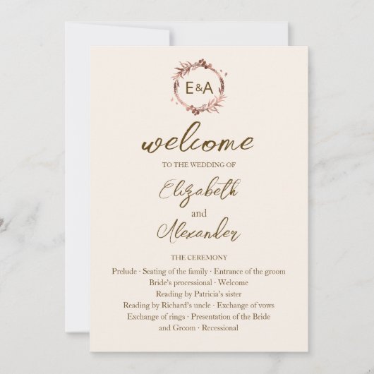 Monogram Light Peach Wedding Program Einladung (Vorderseite)