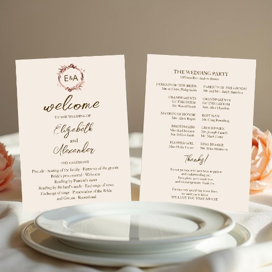 Monogram Light Peach Wedding Program Einladung