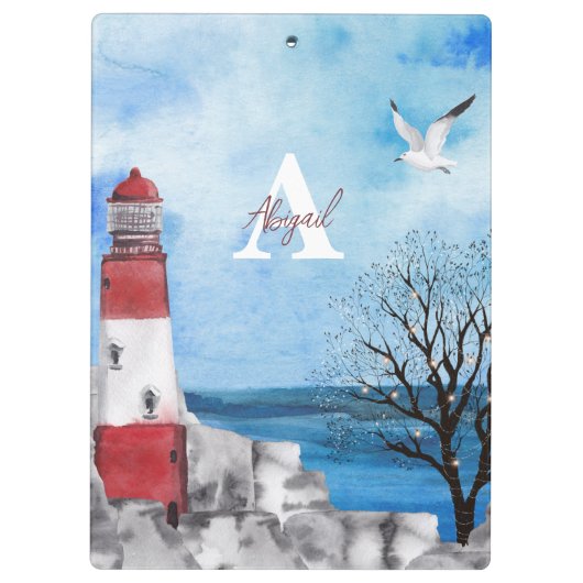 Monogram Lighthouse Watercolor Scene Klemmbrett (Rückseite)
