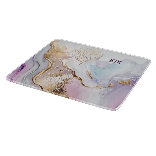 Monogram Lila Blue Gold Wash Schneidebrett (Ecke)