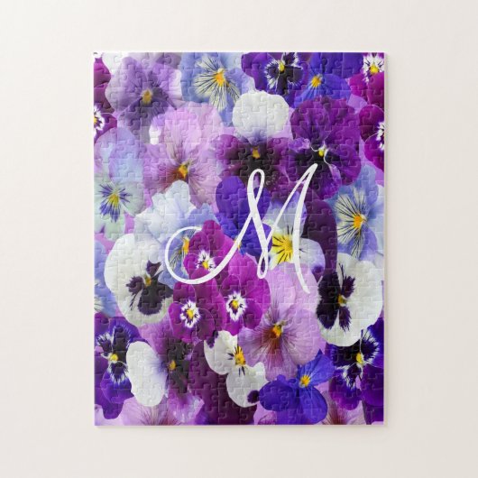 Monogram Lila Blue White Pansy Floral Blume Puzzle (Vertikal)