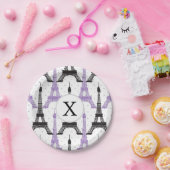 Monogram Lila Chic Eiffelturm-Muster Pappteller (Party)