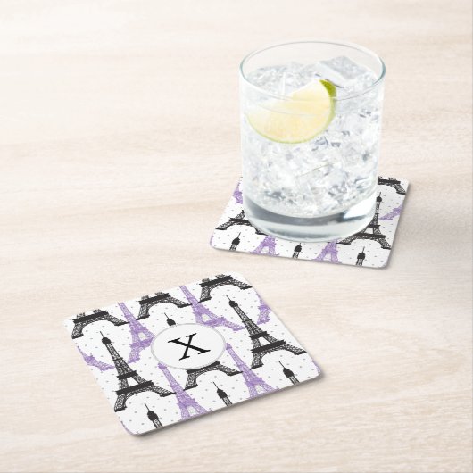 Monogram Lila Chic Eiffelturm-Muster Rechteckiger Pappuntersetzer (Vor Ort)