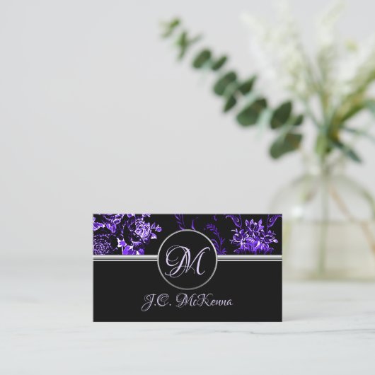 Monogram Lila Floral Business Card Visitenkarte (Stehend Vorderseite)