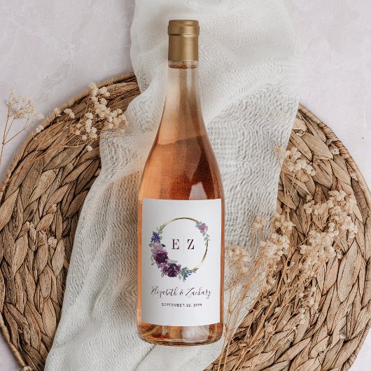 Monogram Lila Floral Wreath Boho Weinetikett