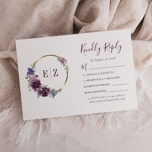 Monogram Lila Floral Wreath Gold Hoop Wedding RSVP Karte