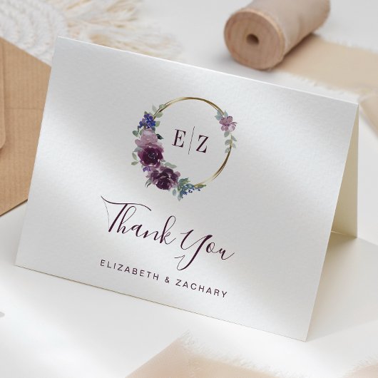 Monogram Lila Floral Wreath Wedding Vielen Dank Karte