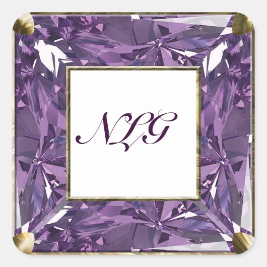 Monogram Lila Gem Quadratischer Aufkleber (Vorderseite)