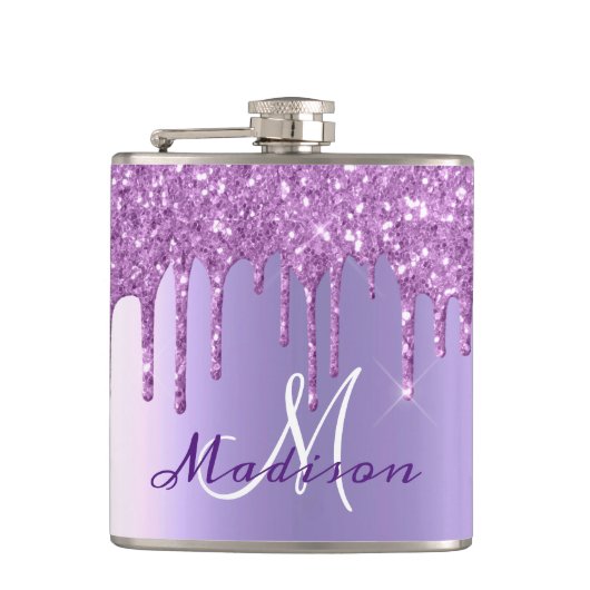 Monogram Lila Glitzer Tropfen Girly Sparkle Flachmann (Vorderseite)