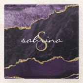 Monogram Lila Gold Agate Geode Glasuntersetzer (Vorderseite)