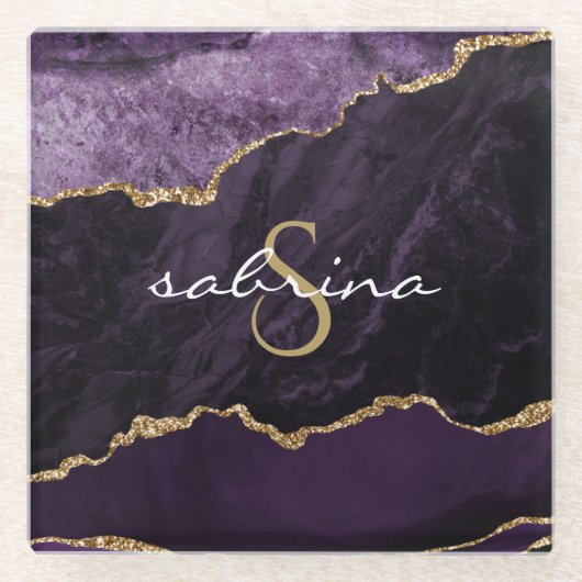 Monogram Lila Gold Agate Geode Glasuntersetzer (Vorderseite)