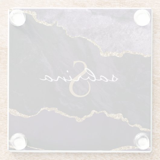 Monogram Lila Gold Agate Geode Glasuntersetzer (Rückseite)