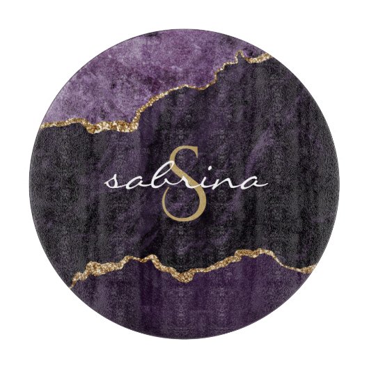 Monogram Lila Gold Agate Geode Schneidebrett (Vorderseite)