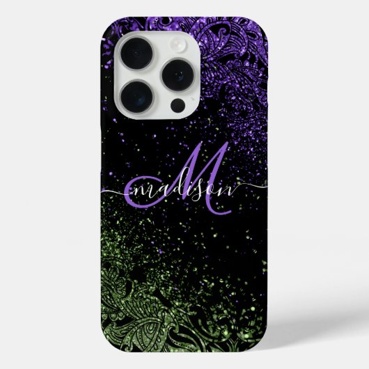 Monogram Lila & Green Glitzer Case-Mate iPhone Hülle (Rückseite)