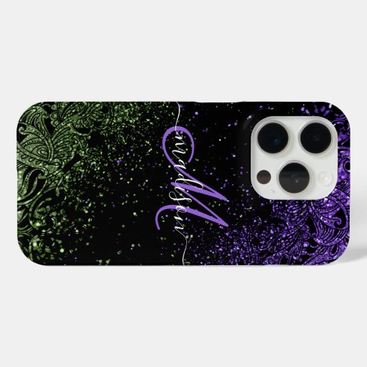 Monogram Lila & Green Glitzer Case-Mate iPhone Hülle (Rückseite (Horizontal))
