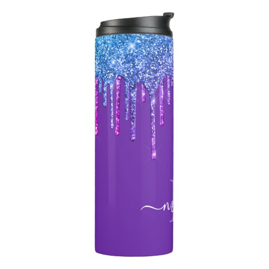 Monogram Lila Ombre Rainbow Glitzer Tropfen Thermosbecher (Nach links gedreht)