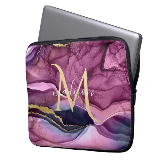 Monogram Lila Pink und Gold Agate Geode Laptopschutzhülle (Vorderseite Links)