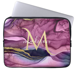 Monogram Lila Pink und Gold Agate Geode Laptopschutzhülle