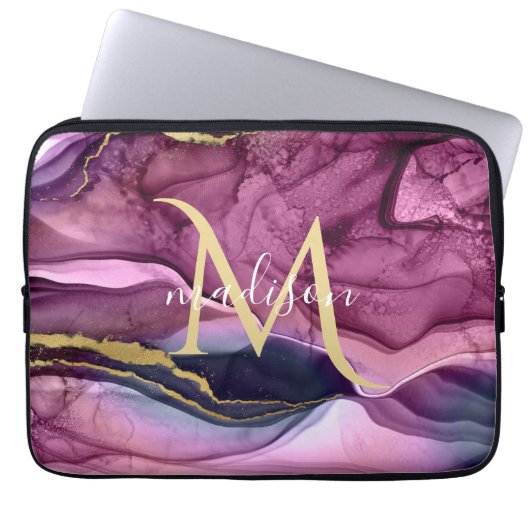 Monogram Lila Pink und Gold Agate Geode Laptopschutzhülle (Vorderseite)