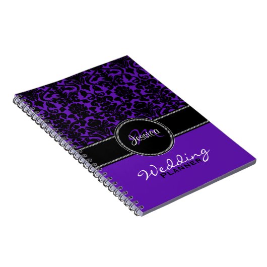 Monogram Lila Schwarz-weiß Damask Hochzeitsplaner Notizblock (Rechte Seite)