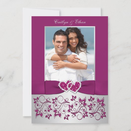 Monogram Lila Silver Floral FOTO Wedite Einladung (Vorderseite)
