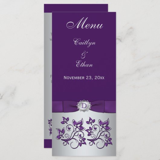 Monogram Lila, Silver Grey Floral Menu Card Menükarte (Vorne/Hinten)