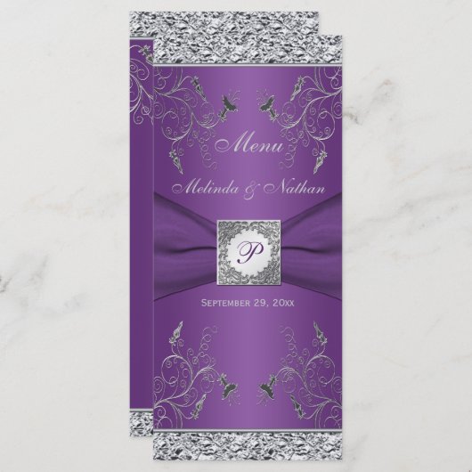 Monogram Lila und Silver Floral Menu Card Menükarte (Vorne/Hinten)