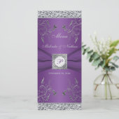Monogram Lila und Silver Floral Menu Card Menükarte (Stehend Vorderseite)