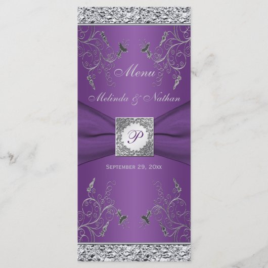 Monogram Lila und Silver Floral Menu Card Menükarte (Vorderseite)