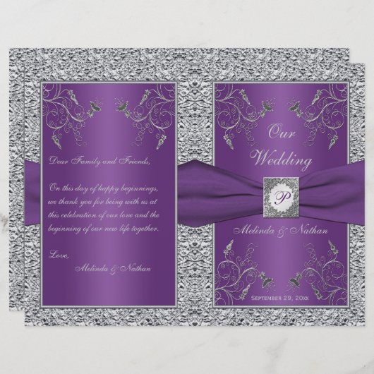 Monogram Lila und Silver Floral Wedding Program (Vorne/Hinten)