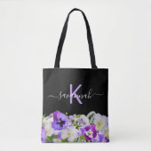Monogram lila violette Schwarz-Florals-Skript Tasche (Vorderseite)