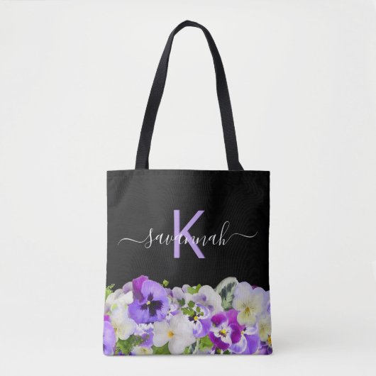 Monogram lila violette Schwarz-Florals-Skript Tasche (Vorderseite)