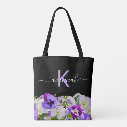 Monogram lila violette Schwarz-Florals-Skript Tasche (Rückseite)